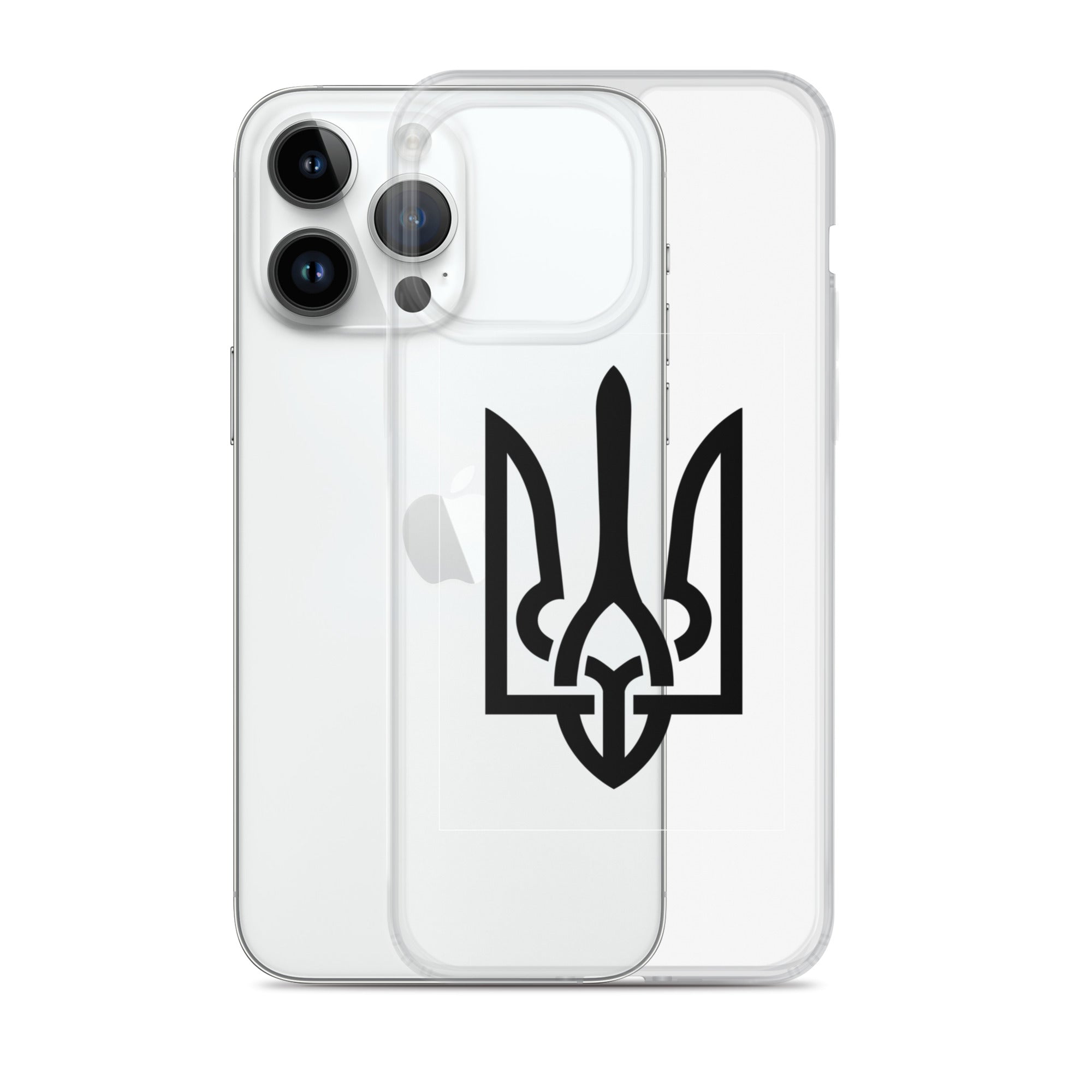 Clear iPhone case with Ukrainian Tryzub symbol, offering stylish protection and easy access to ports while displaying phone's color.