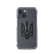Clear iPhone case with Ukrainian Tryzub symbol for stylish protection and easy functionality.