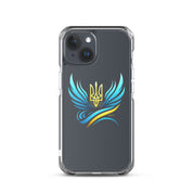Clear iPhone case with Ukrainian Tryzub emblem in blue and yellow, showcasing national pride and phone protection.