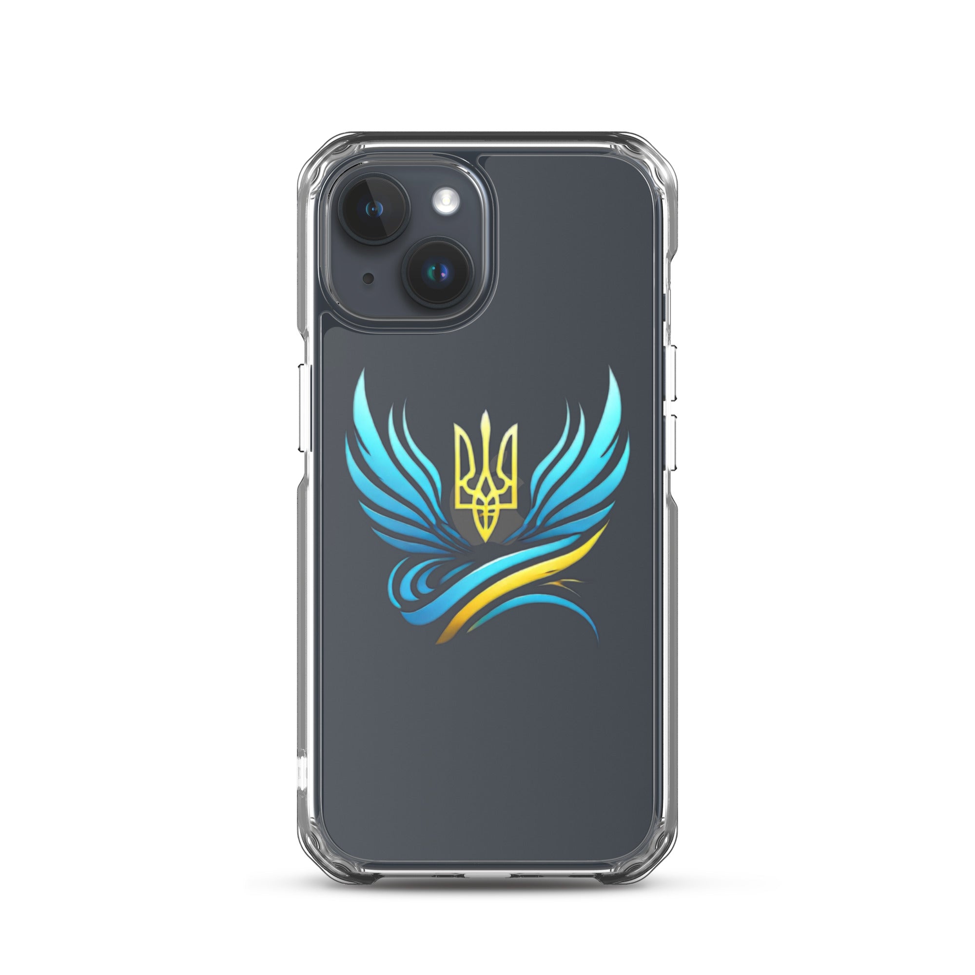 Clear iPhone case with Ukrainian Tryzub emblem in blue and yellow, showcasing national pride and phone protection.