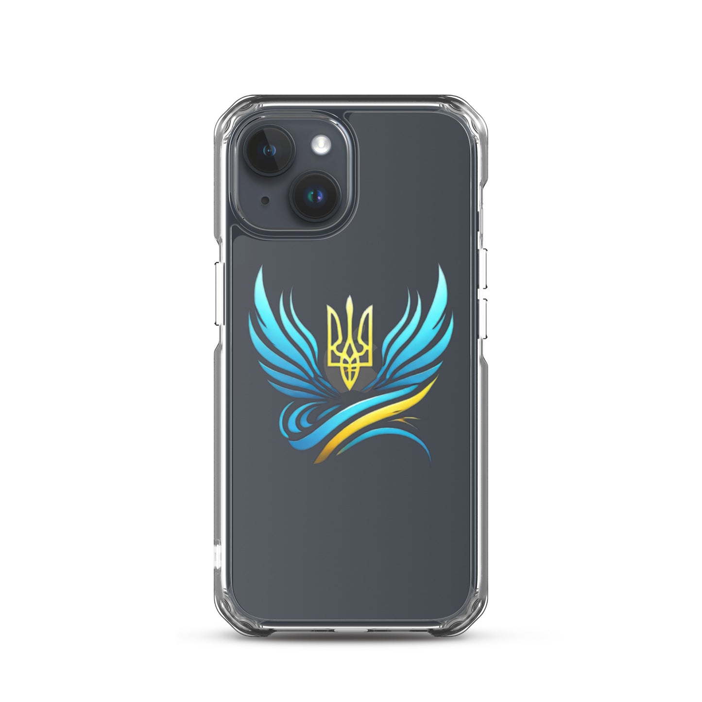 Clear iPhone case with Ukrainian Tryzub emblem in blue and yellow, showcasing national pride and phone protection.