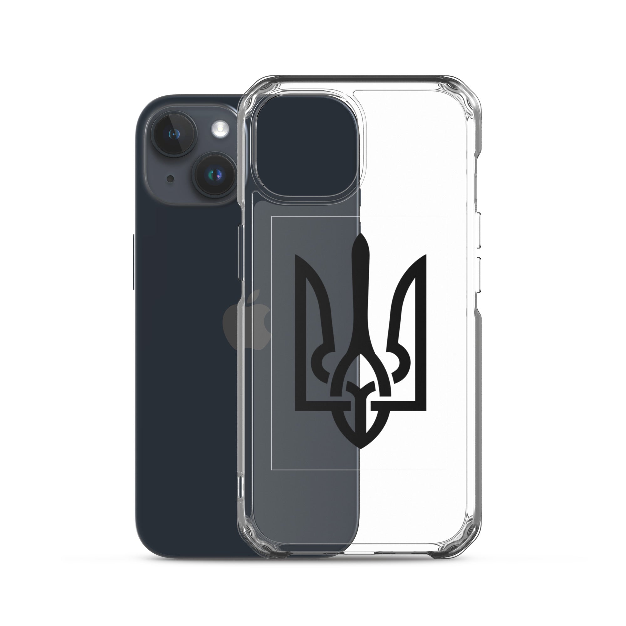 Clear iPhone case featuring Ukrainian Tryzub symbol, designed for protection and style, showcasing the phone's original color.