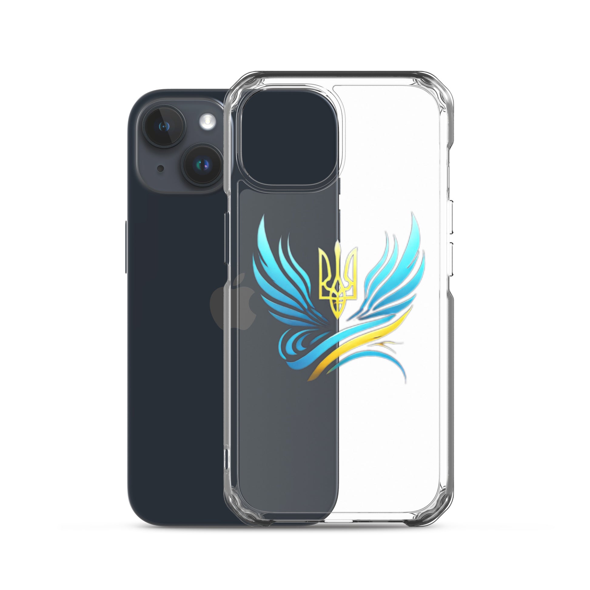 Clear iPhone case with Ukrainian Tryzub emblem showcasing vibrant design and phone protection against scratches and impacts.