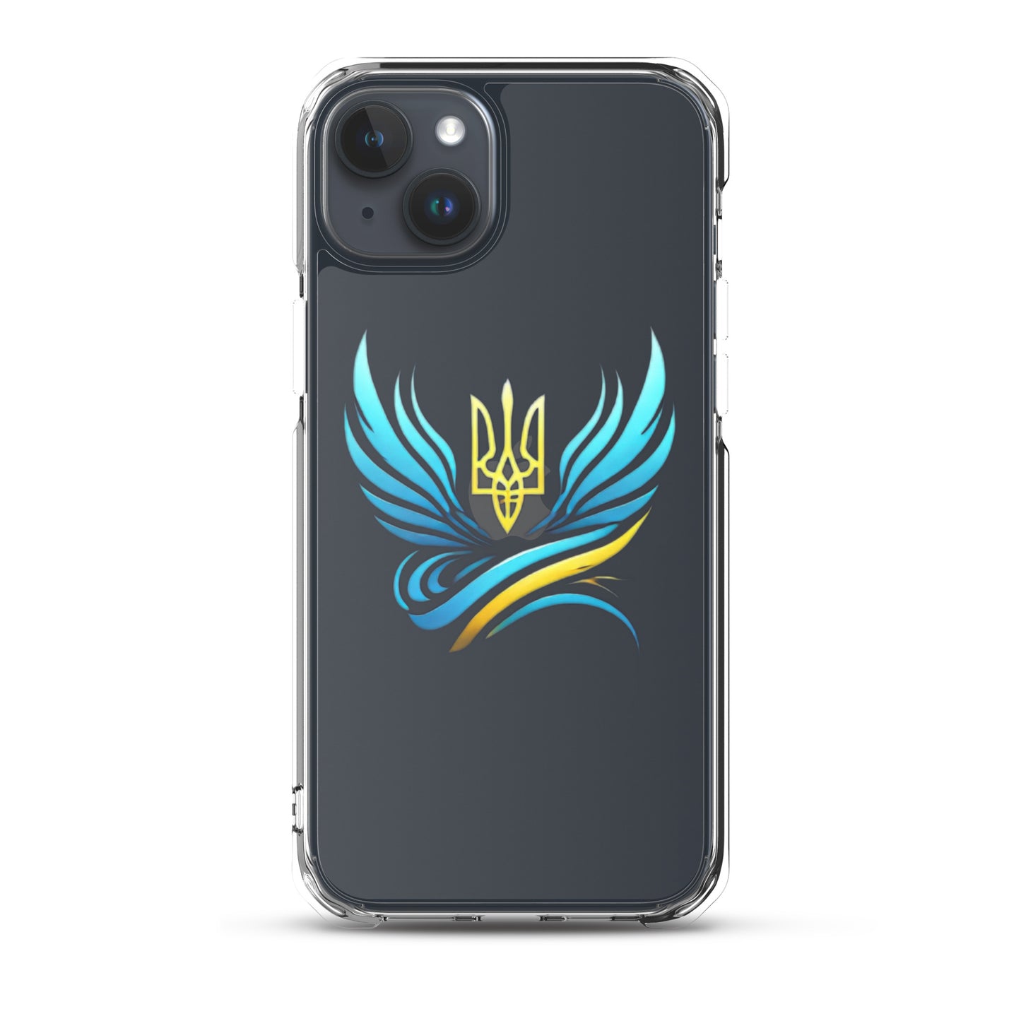 Clear iPhone case with Ukrainian Tryzub symbol displaying blue and yellow design, offering protection and style.