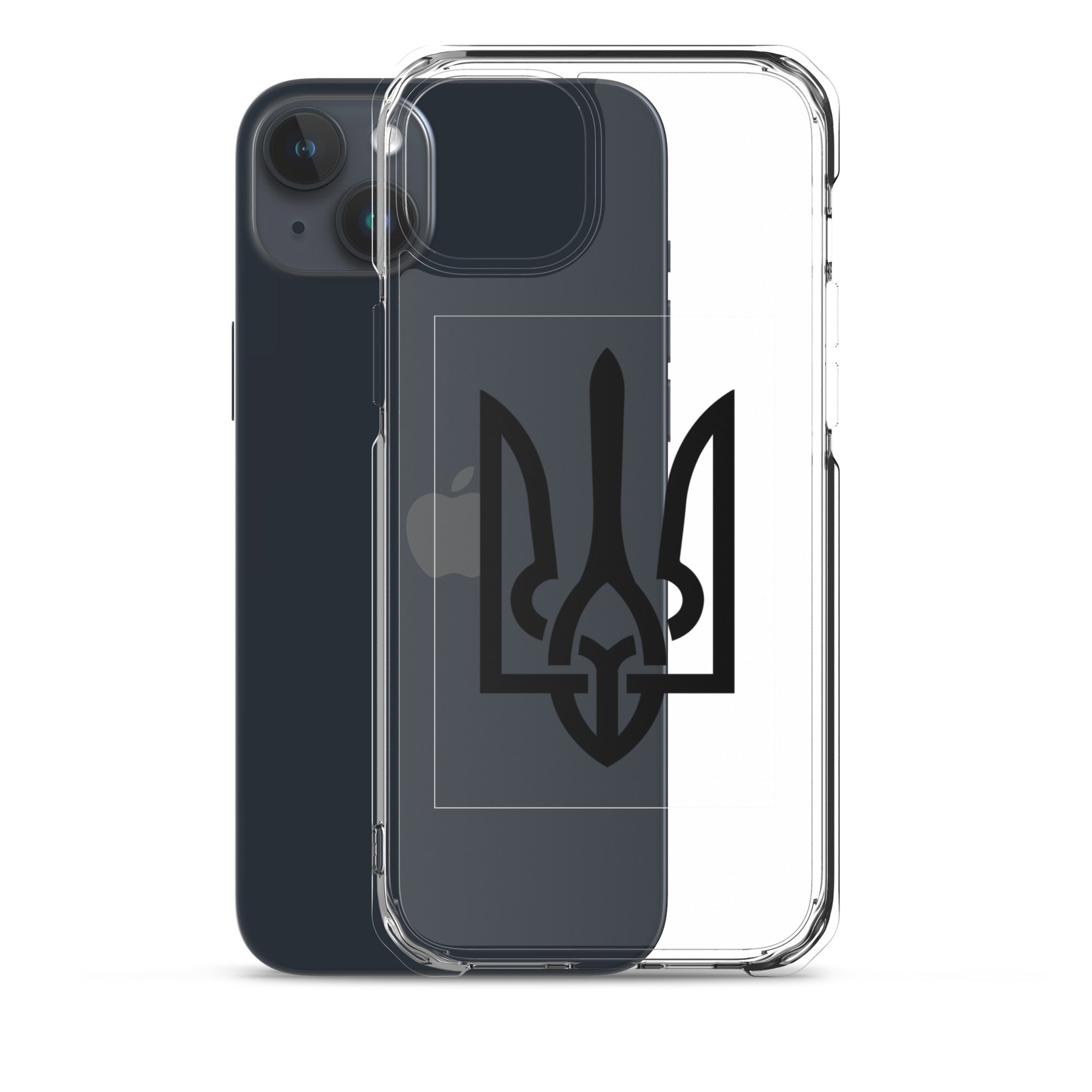 Clear iPhone case with Ukrainian Tryzub symbol, offering protection and style, showcasing phone's original color.
