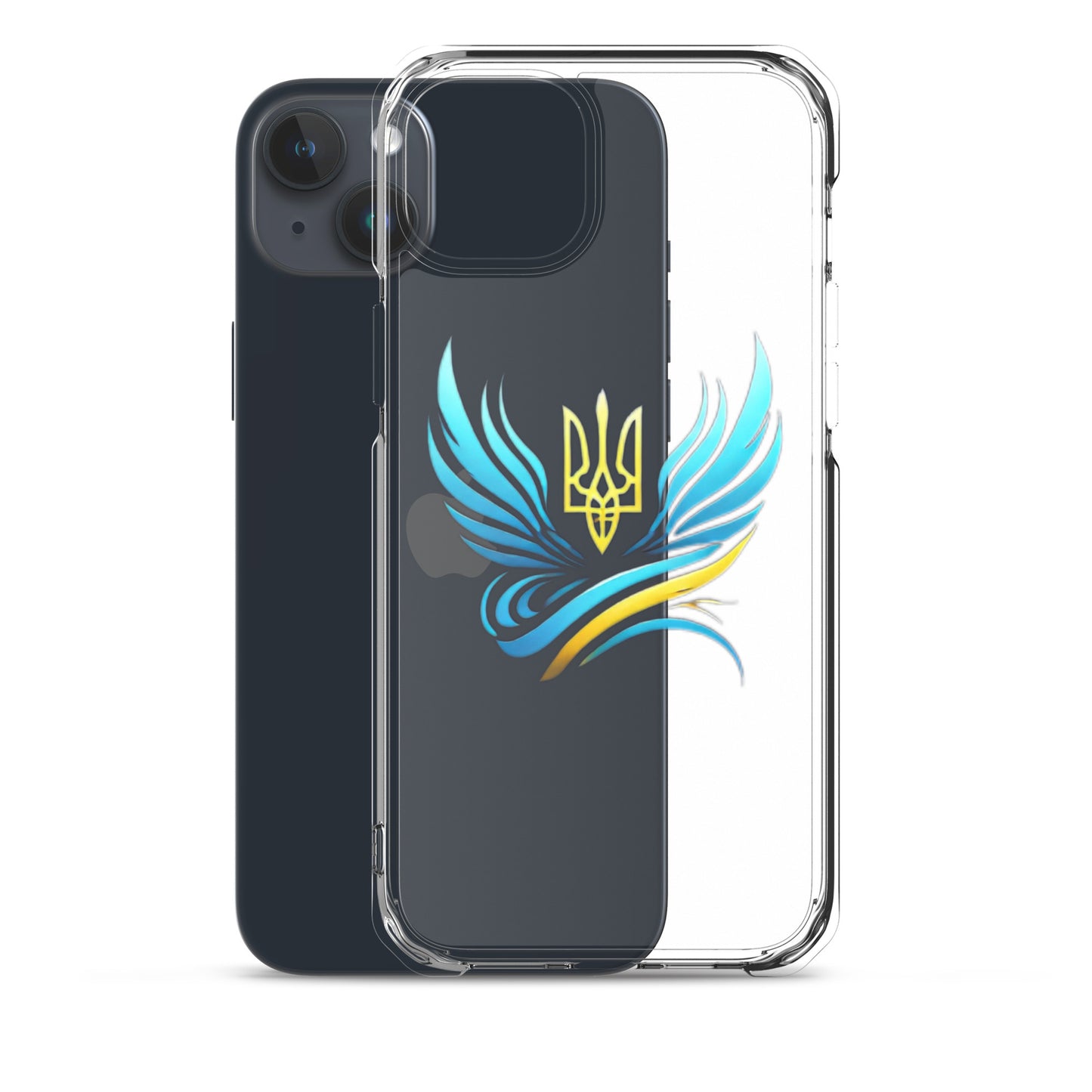 Clear iPhone® case with Ukrainian Tryzub emblem and flexible sides for easy fit, showcasing phone color while providing strong protection.