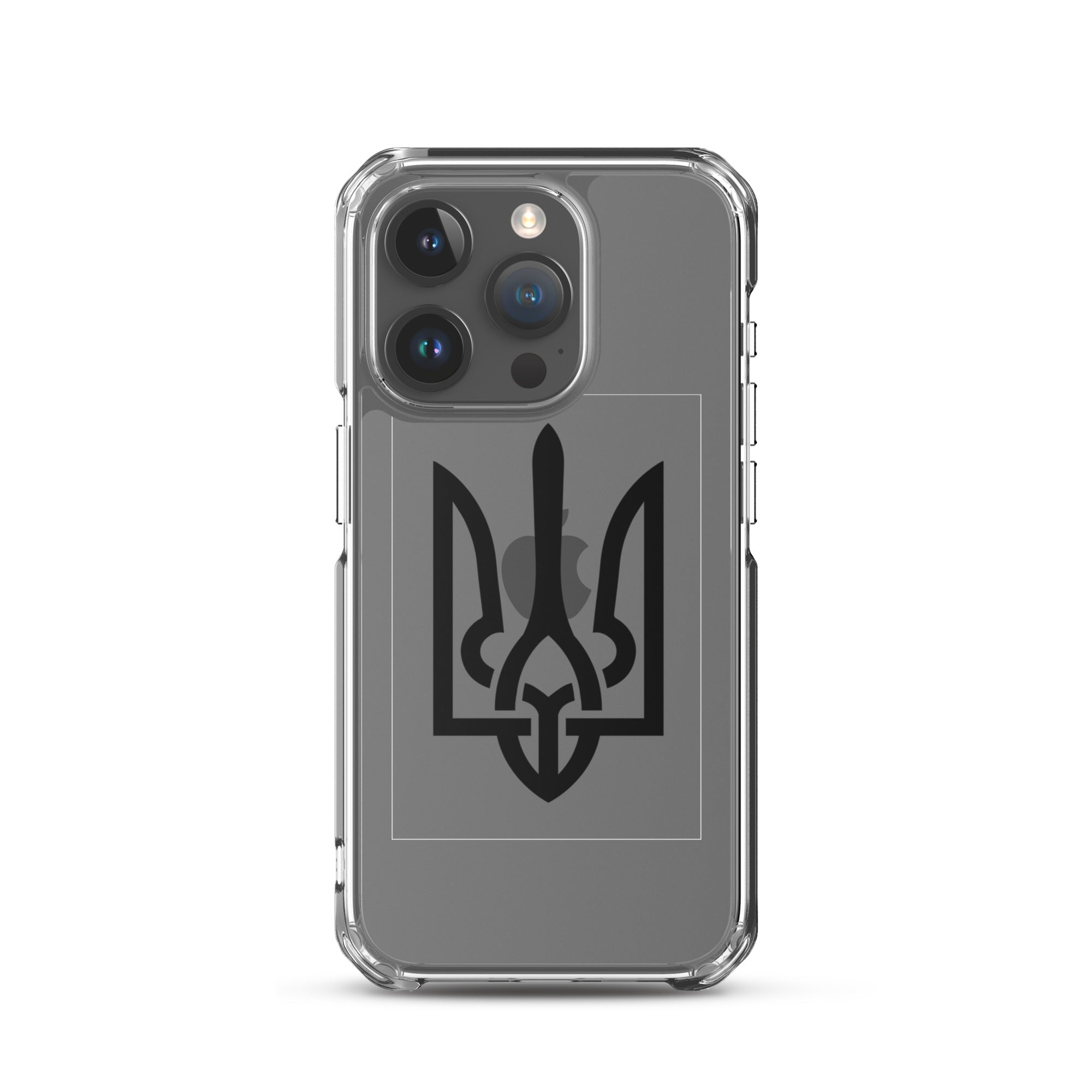 Clear iPhone case with Ukrainian Tryzub symbol, featuring durable protection and precise port openings.