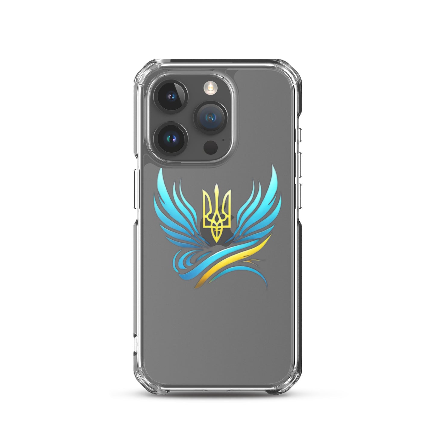 Clear iPhone case with Ukrainian Tryzub emblem and blue-yellow design, showcasing cultural pride and reliable phone protection.