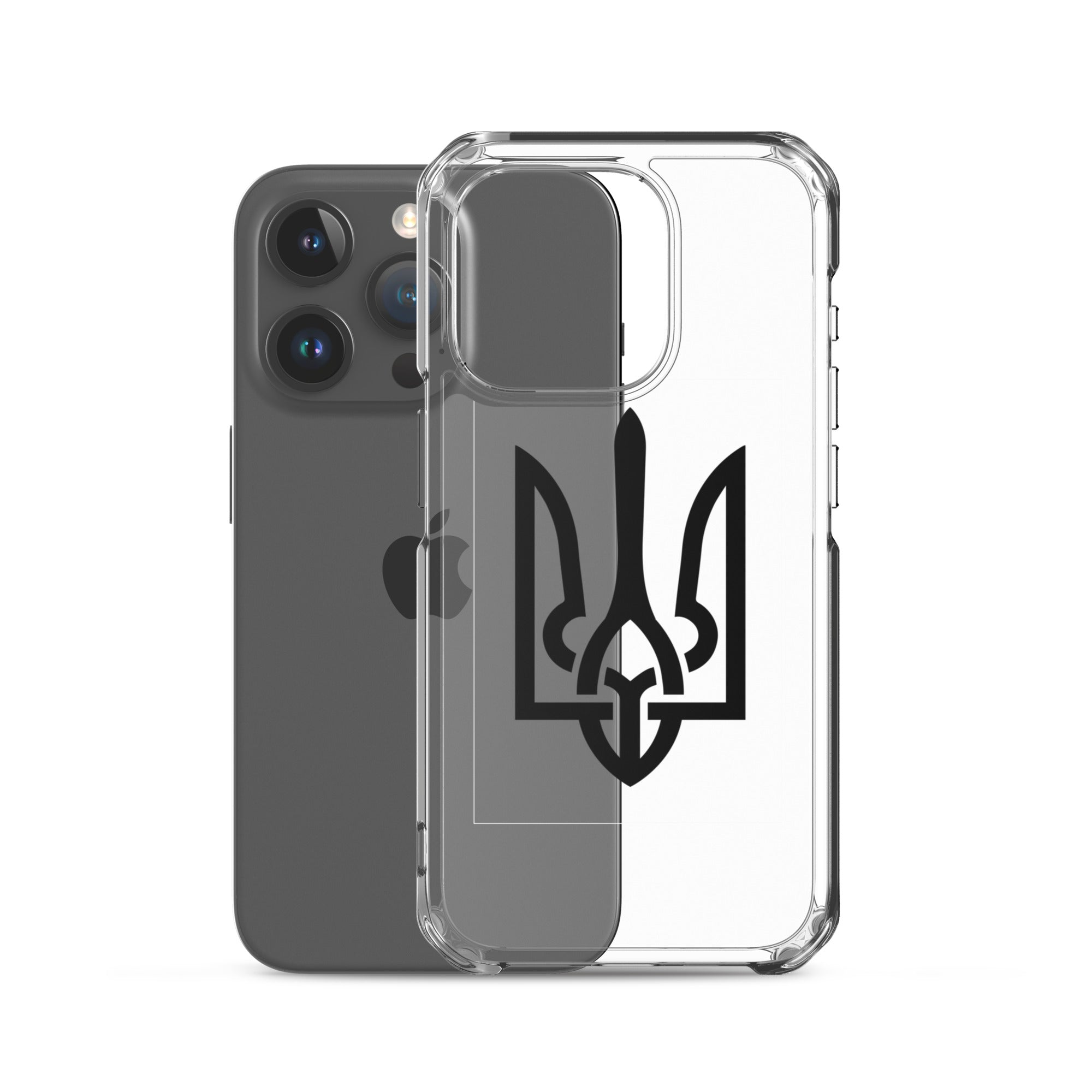 Clear iPhone case with Ukrainian Tryzub symbol, showcasing style and protection for your phone while highlighting Ukrainian pride.