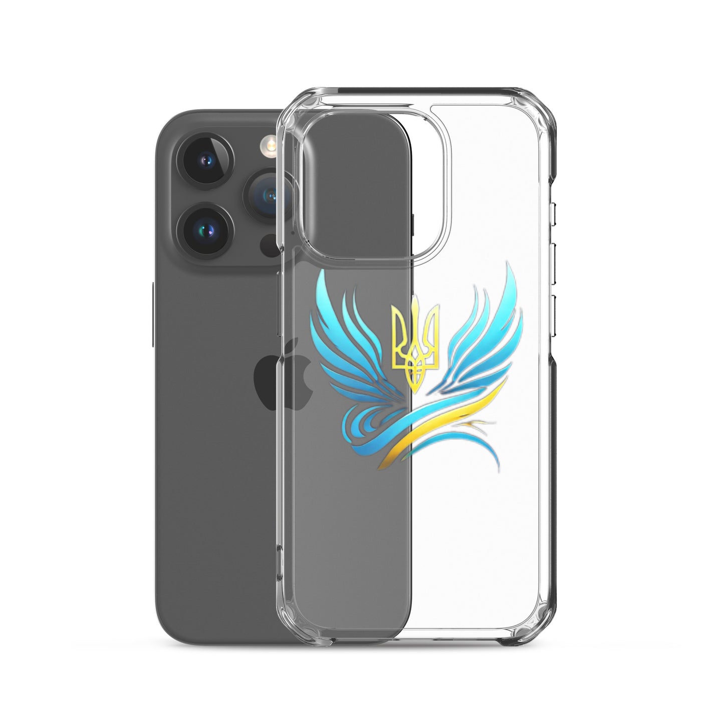 Clear iPhone case with Ukrainian Tryzub emblem, showcasing design and phone compatibility while offering sturdy protection.