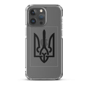 Clear iPhone case with Ukrainian Tryzub symbol for scratch and impact protection.
