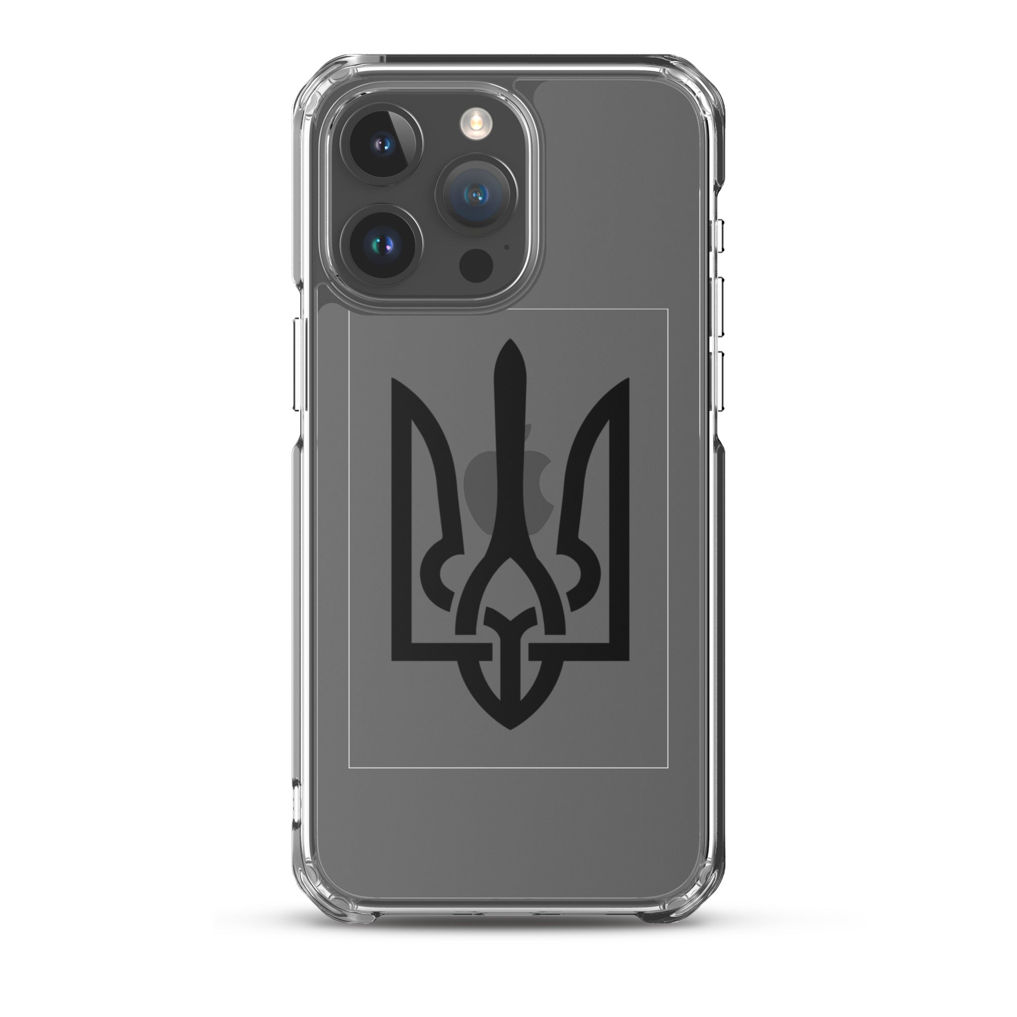 Clear iPhone case with Ukrainian Tryzub symbol for scratch and impact protection.