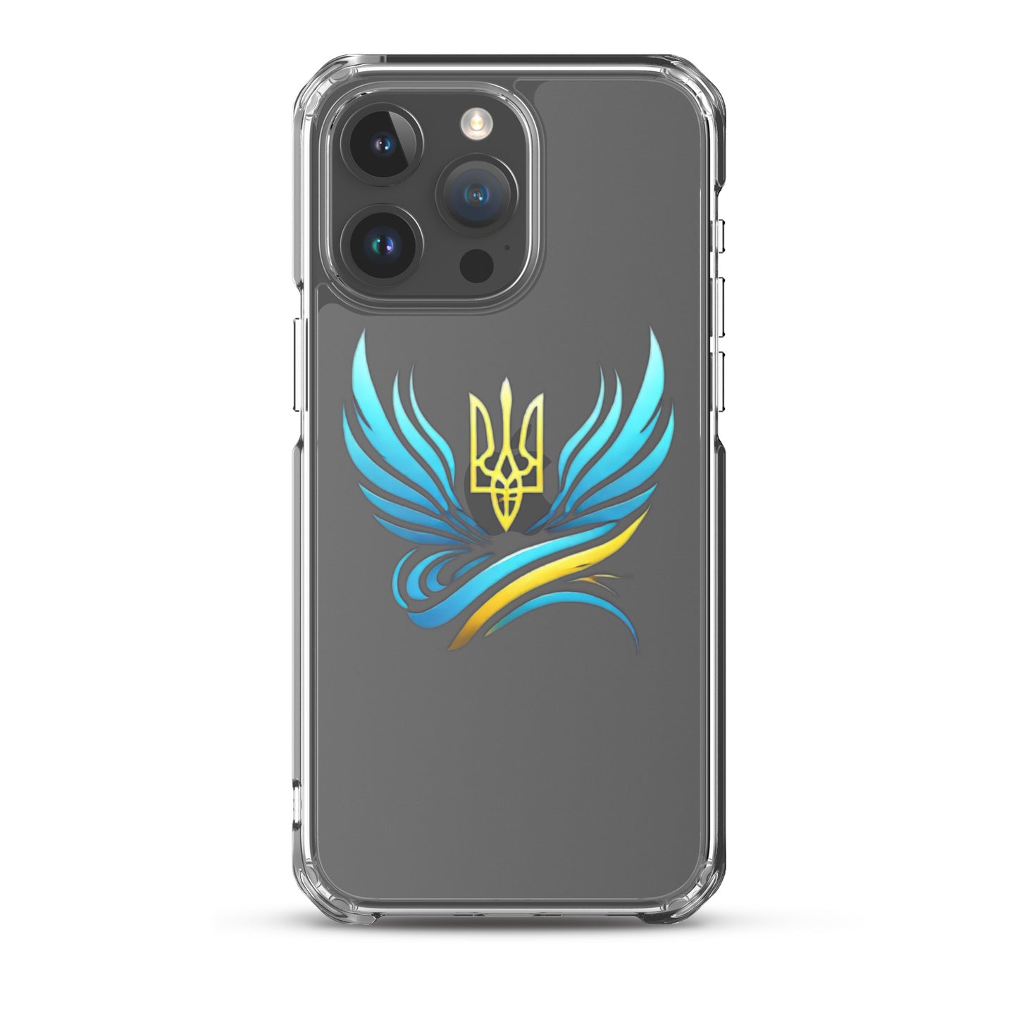 Clear iPhone case with Ukrainian Tryzub emblem, showcasing national pride, protecting against scratches, and maintaining phone's original color.