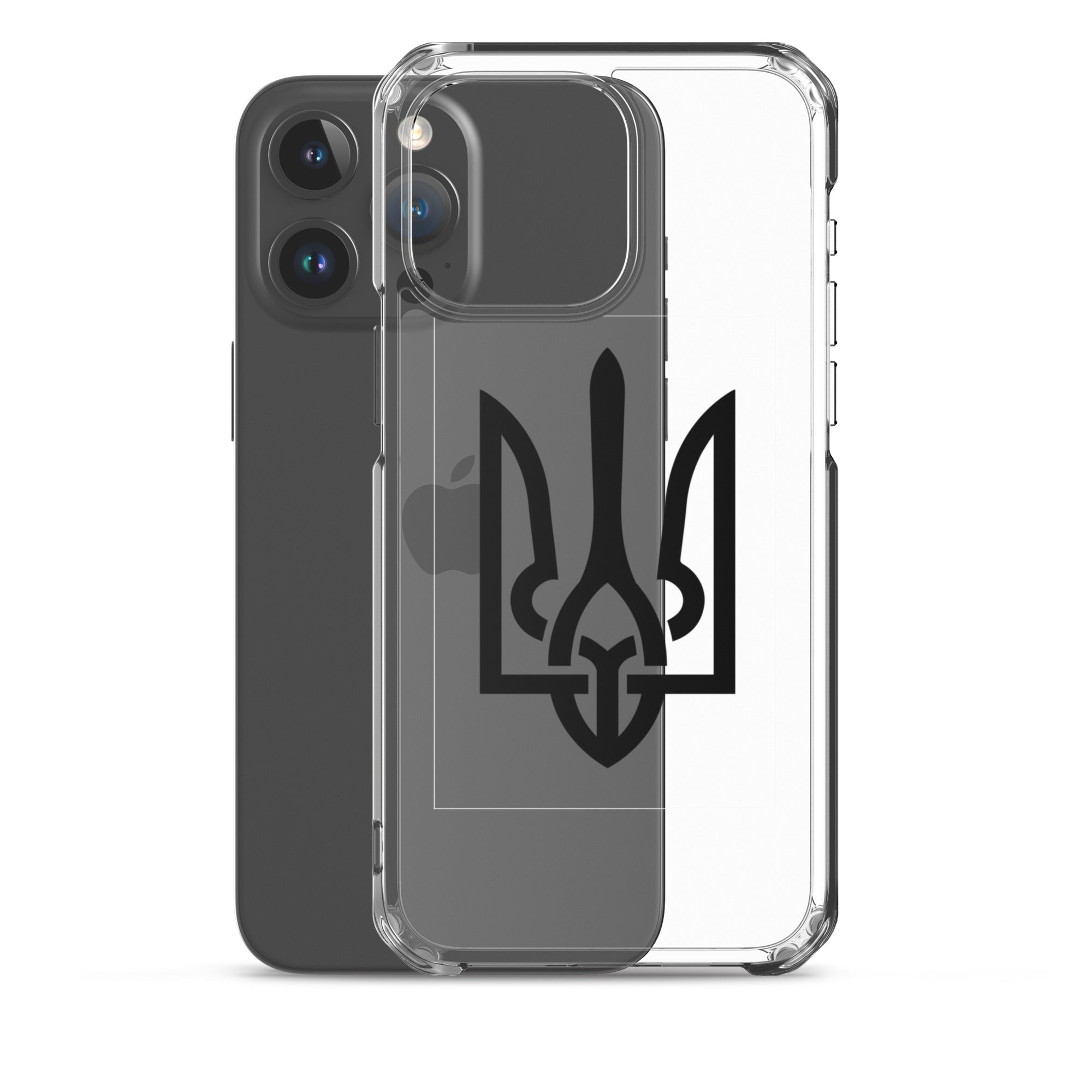 Clear iPhone case with Ukrainian Tryzub symbol, offering protection and style while showcasing Ukrainian pride.