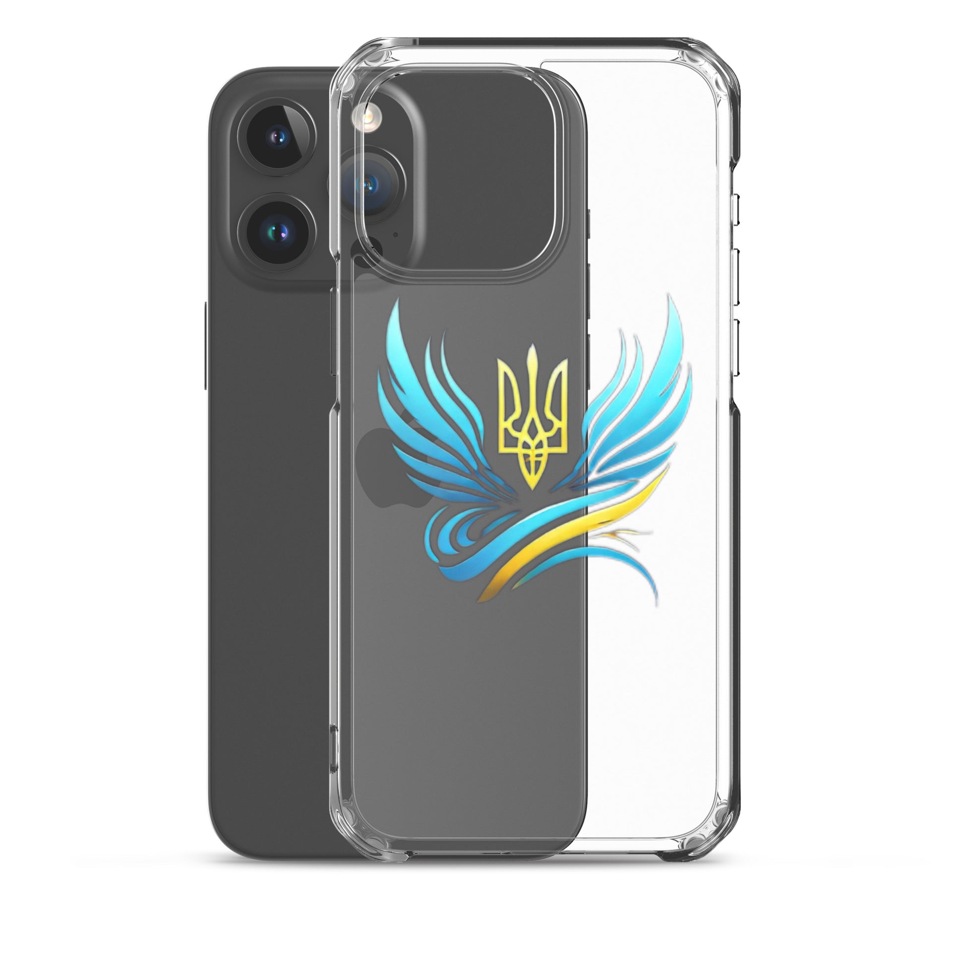 Clear iPhone case with Ukrainian Tryzub design, showcasing blue and yellow wings.