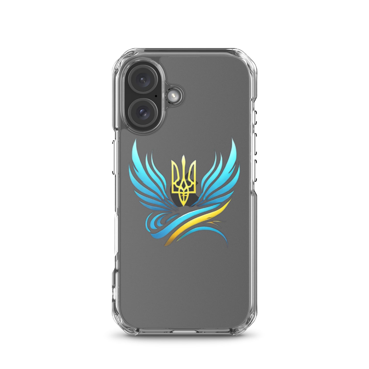 Clear iPhone case with Ukrainian Tryzub emblem showcasing blue and yellow design, offers protection while displaying national pride.