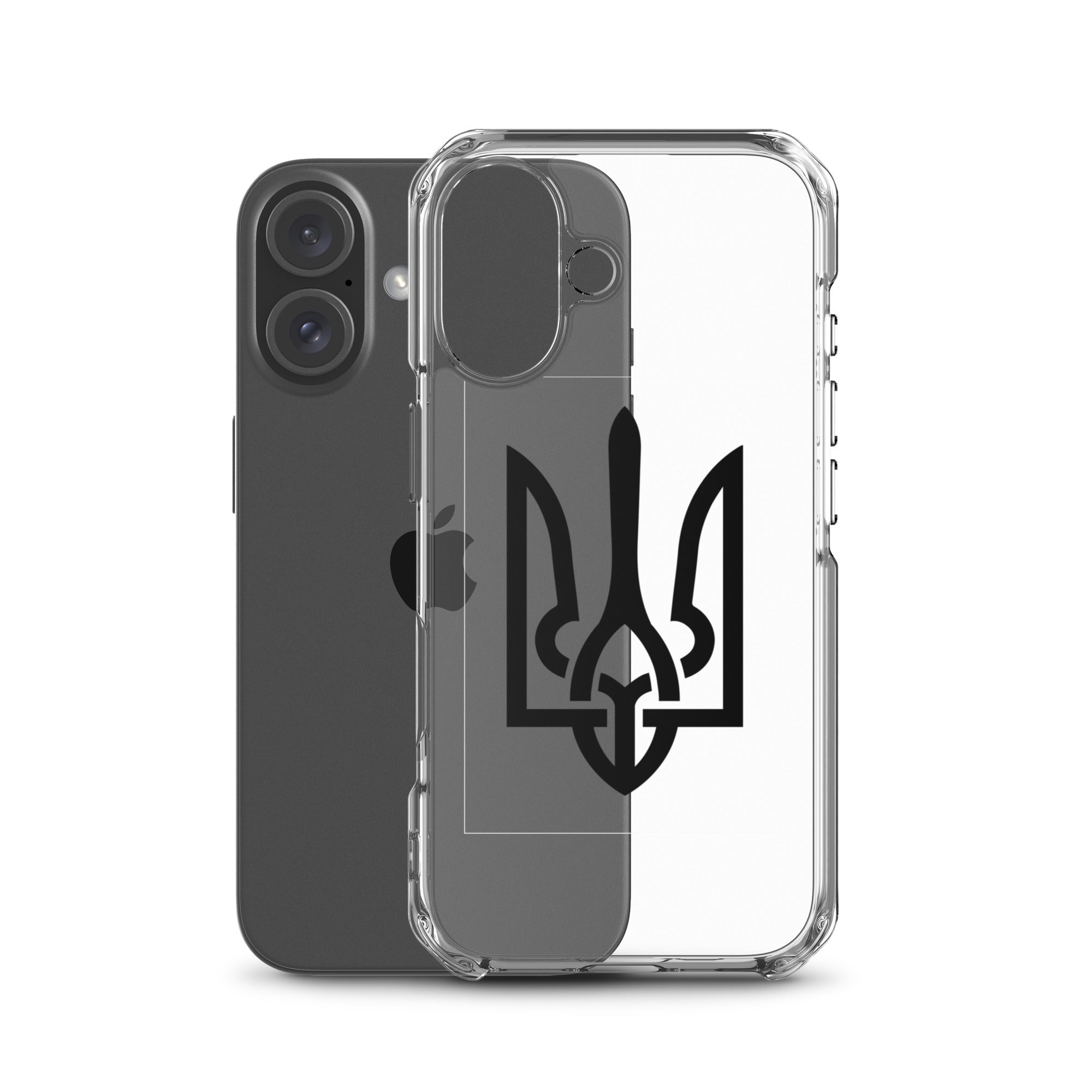 Clear iPhone case with Ukrainian Tryzub symbol for style and protection, showcasing Ukrainian pride while safeguarding your phone.