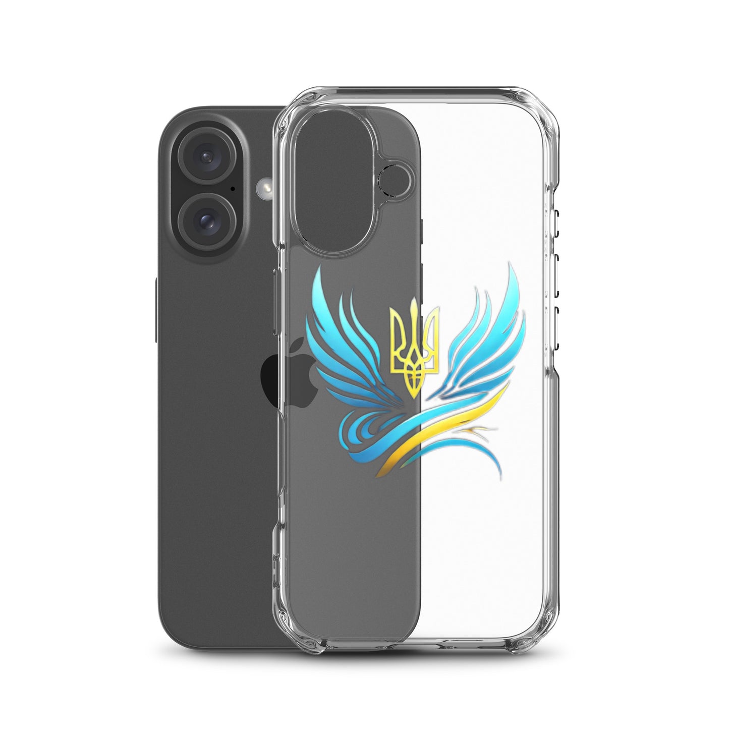 Clear iPhone case with Ukrainian Tryzub emblem, showcasing national pride and phone protection.