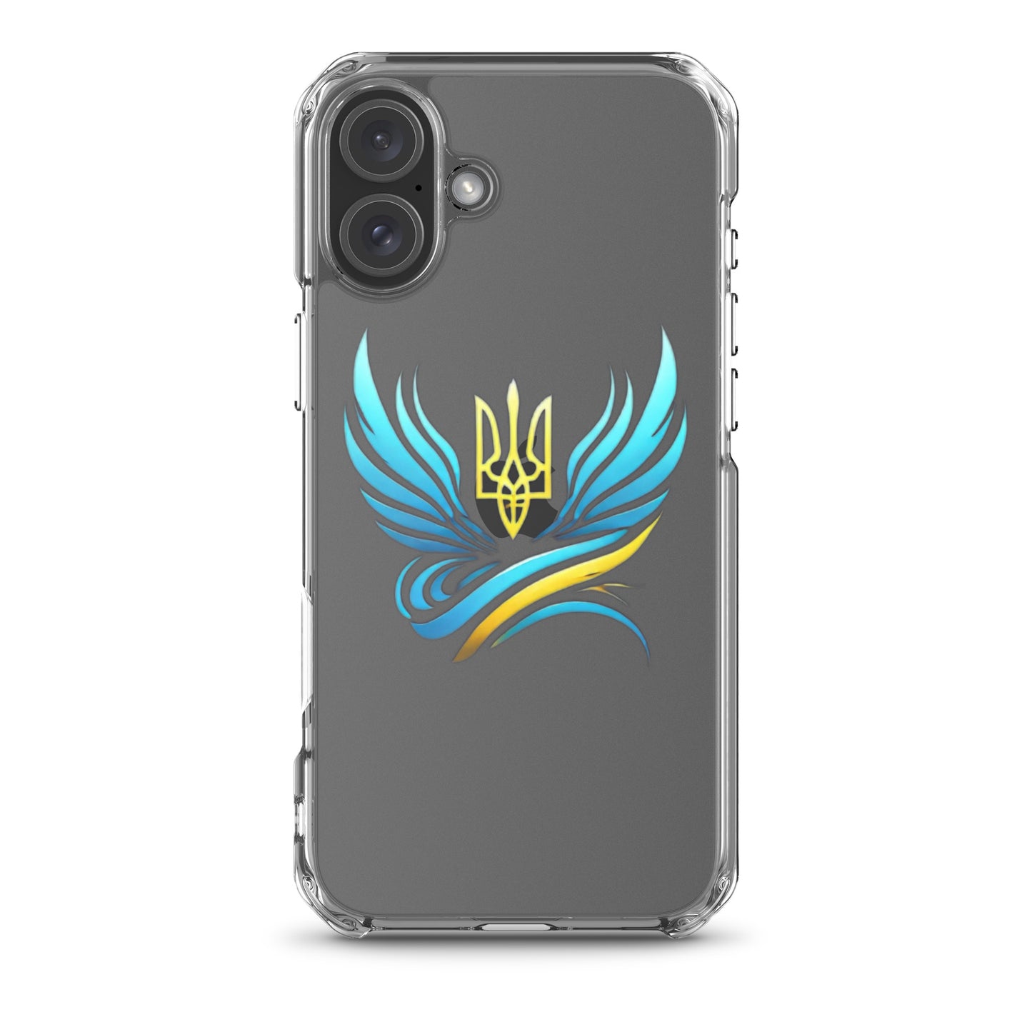 Clear iPhone case with Ukrainian Tryzub emblem, showcasing blue and yellow design for protection and style.