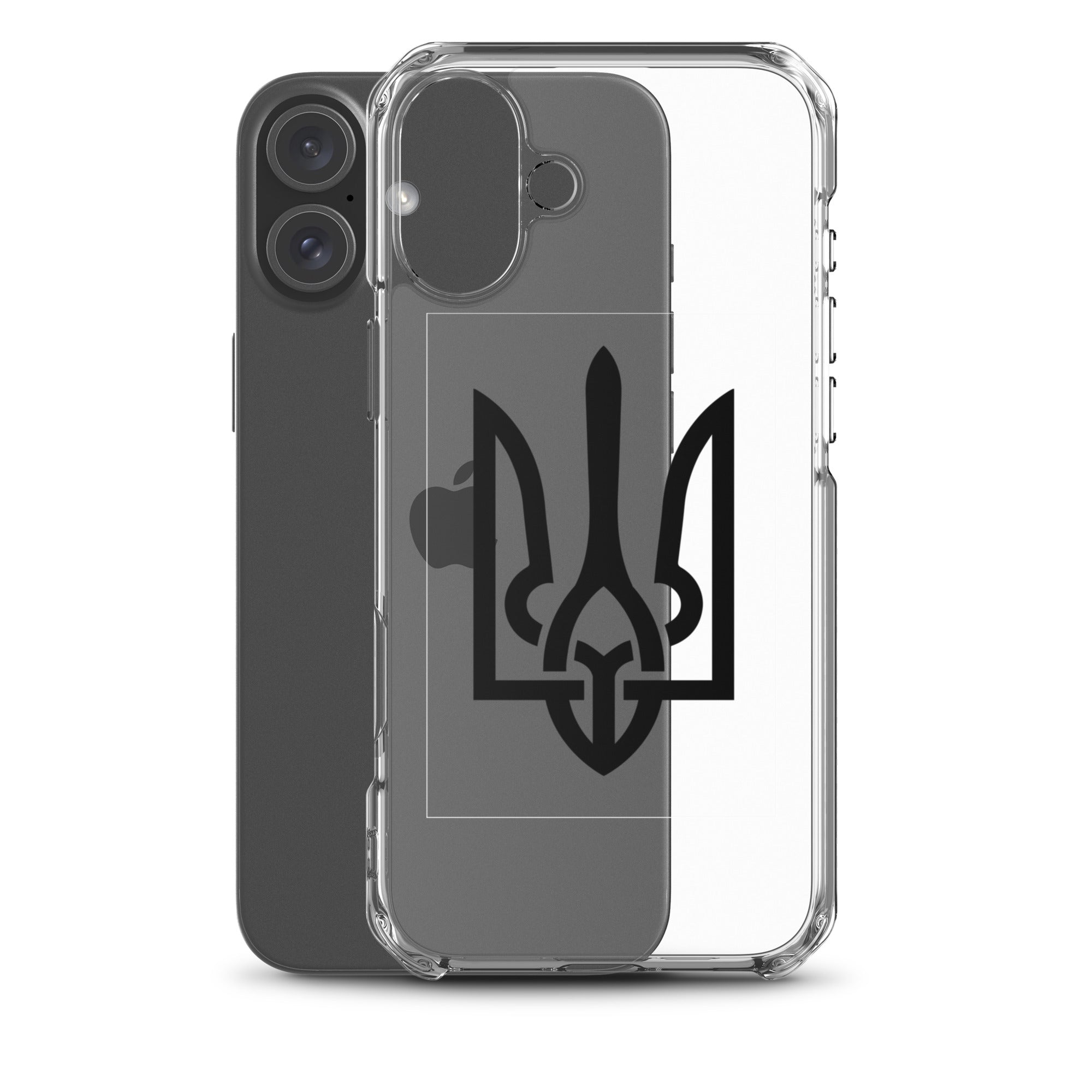 Clear iPhone case featuring Ukrainian Tryzub symbol for protection and style, flexible sides, precise port openings, and original color visibility.