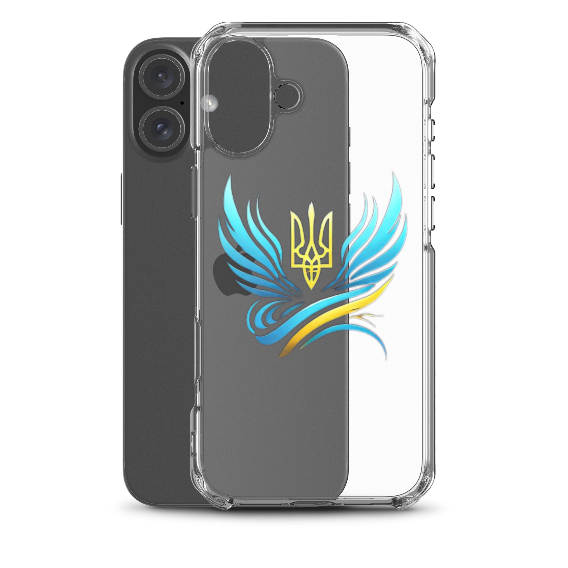 Clear iPhone case with Ukrainian Tryzub emblem, showcasing phone color, offering protection and easy access, symbolizing national pride.