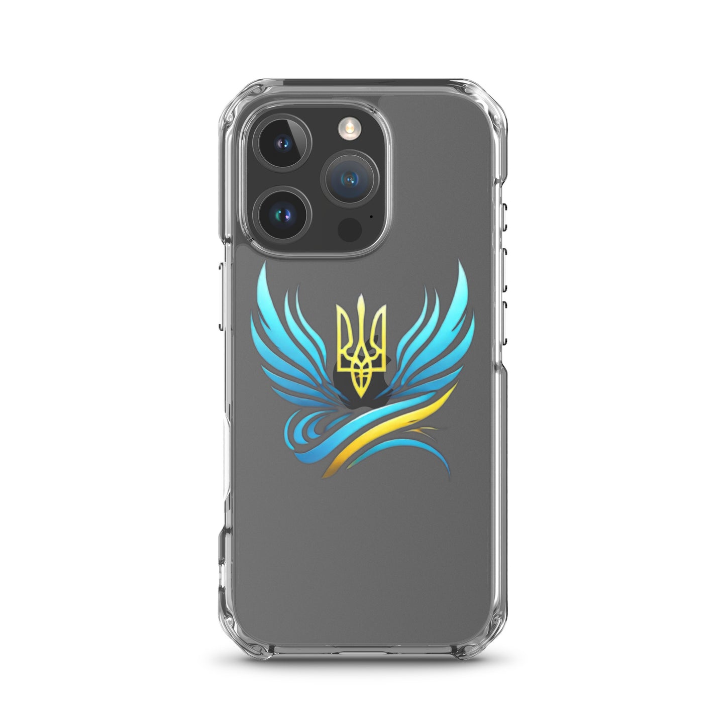 Clear iPhone case with Ukrainian Tryzub emblem, showcasing national pride while offering protection against scratches and impacts.