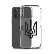 Clear iPhone case with Ukrainian Tryzub symbol, offering protection and style while showcasing phone's original color.