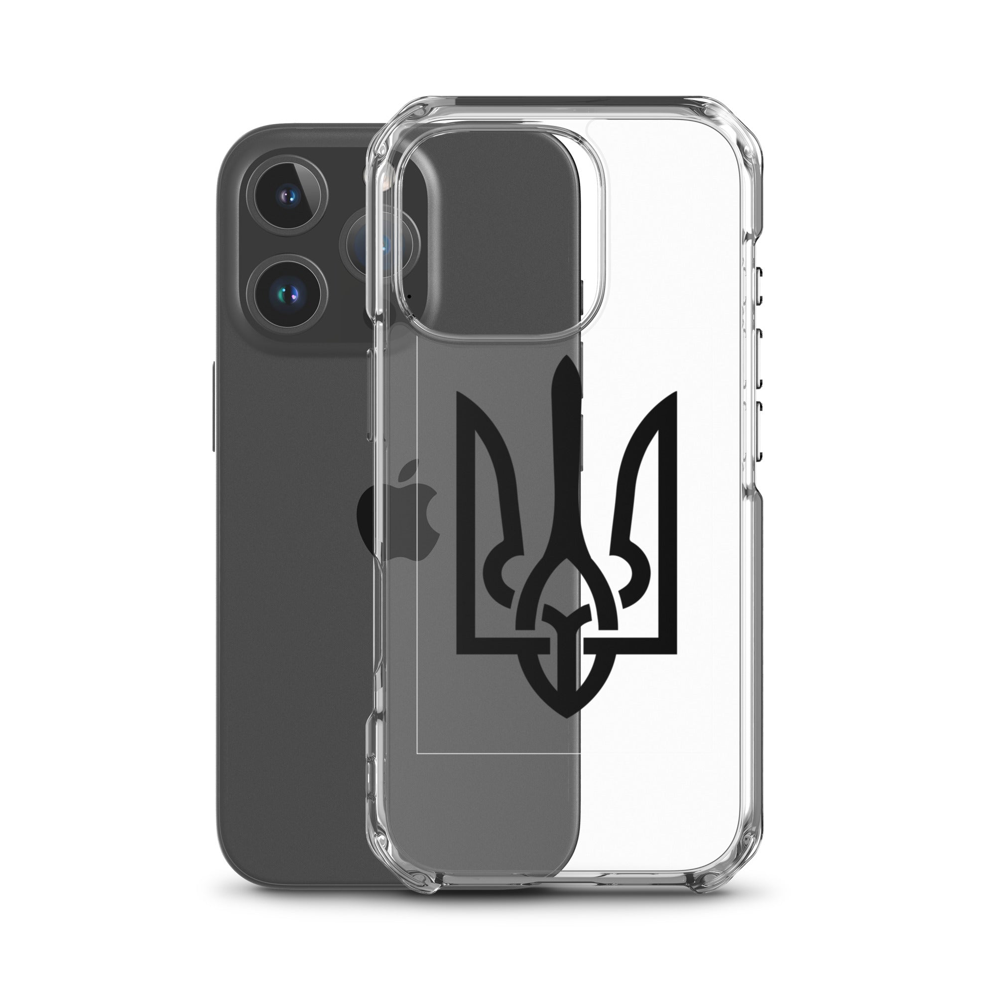 Clear iPhone case with Ukrainian Tryzub symbol, offering protection and style while showcasing phone's original color.