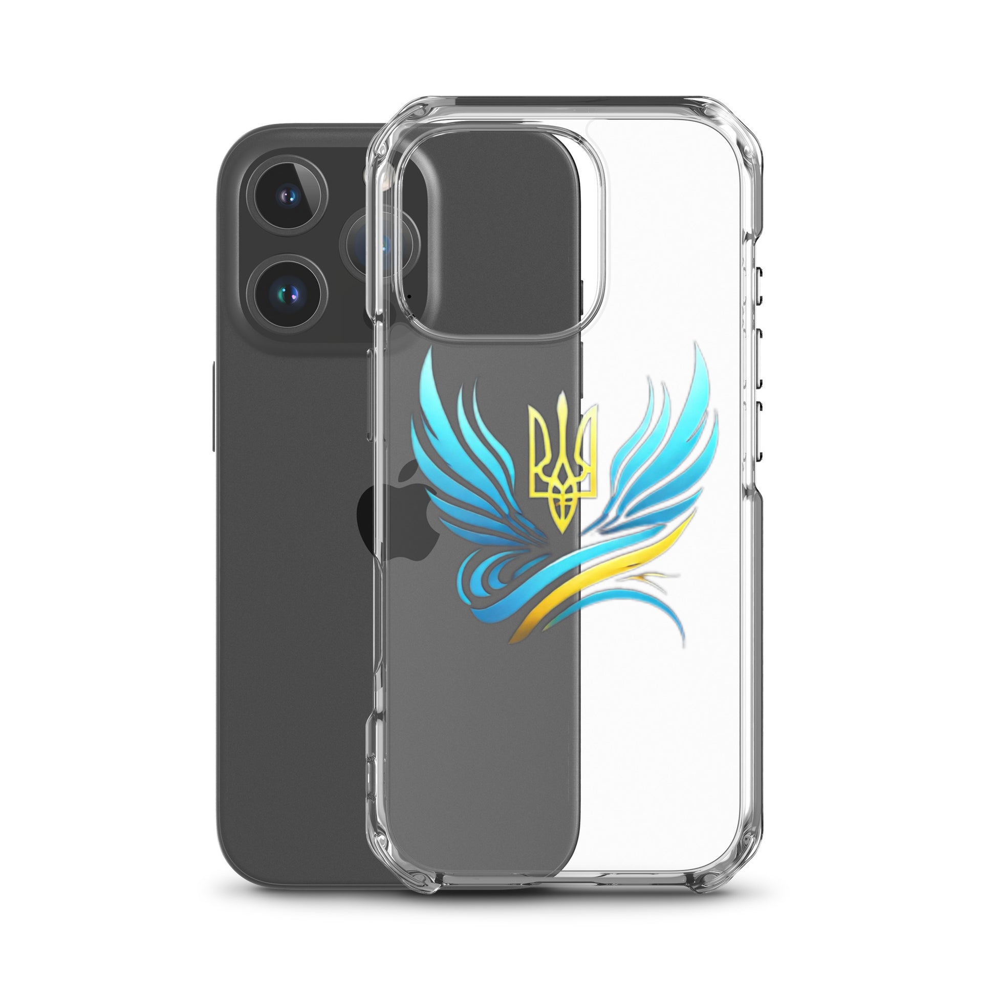 Clear iPhone® case with Ukrainian Tryzub emblem, showcasing colorful wings design, providing protection while displaying national pride.