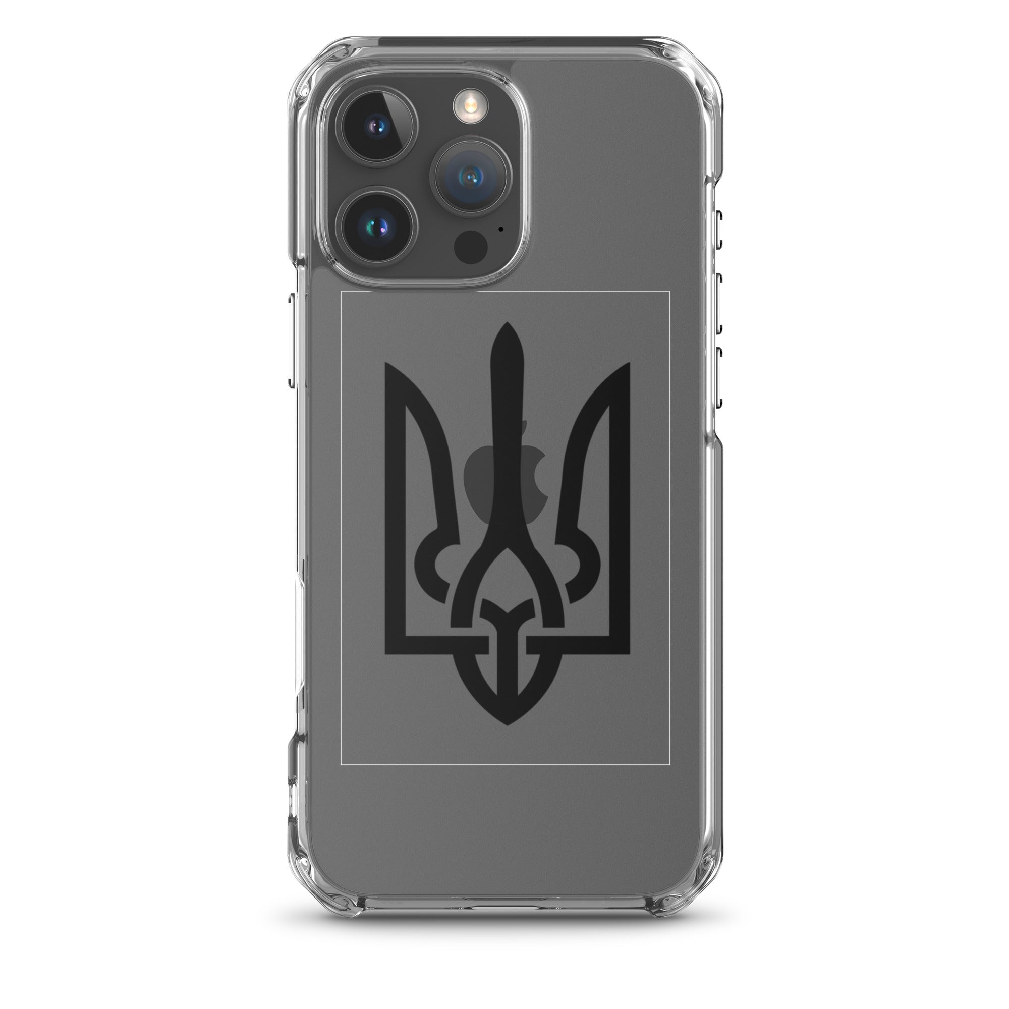 Clear iPhone® case featuring Ukrainian Tryzub symbol, providing stylish protection while showcasing phone's original color.