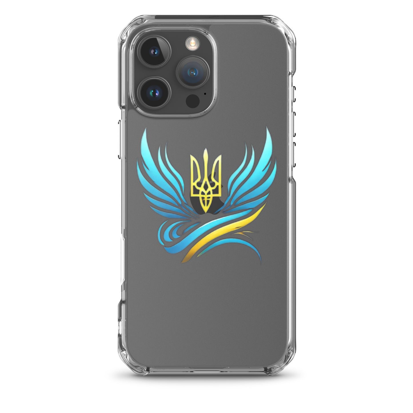 Clear iPhone case with Ukrainian Tryzub emblem, showcasing blue and yellow design, flexible sides, and precise port cutouts.