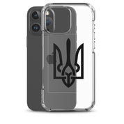 Clear iPhone case with Ukrainian Tryzub symbol, showcasing phone design while offering protection from scratches and impacts.