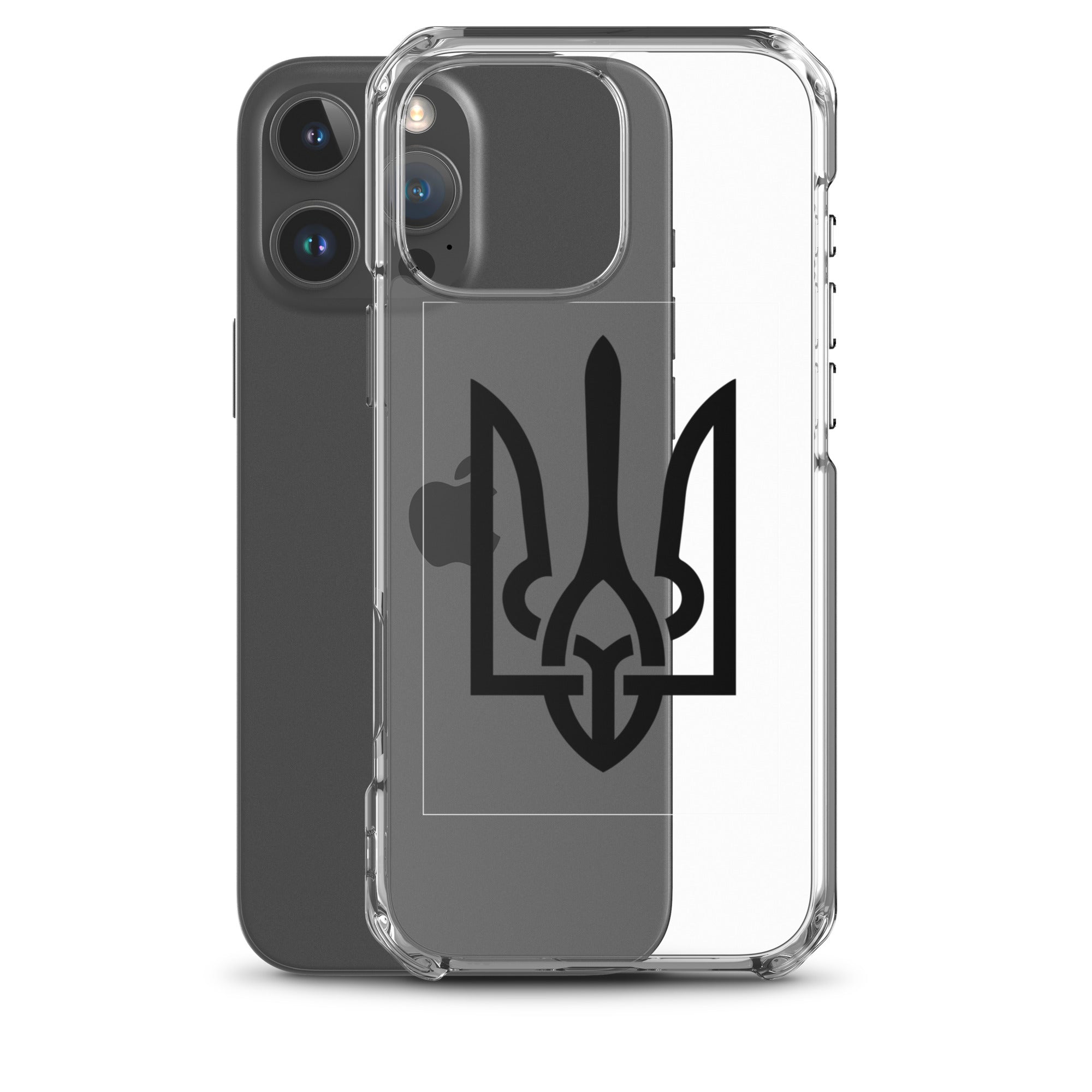 Clear iPhone case with Ukrainian Tryzub symbol, showcasing phone design while offering protection from scratches and impacts.