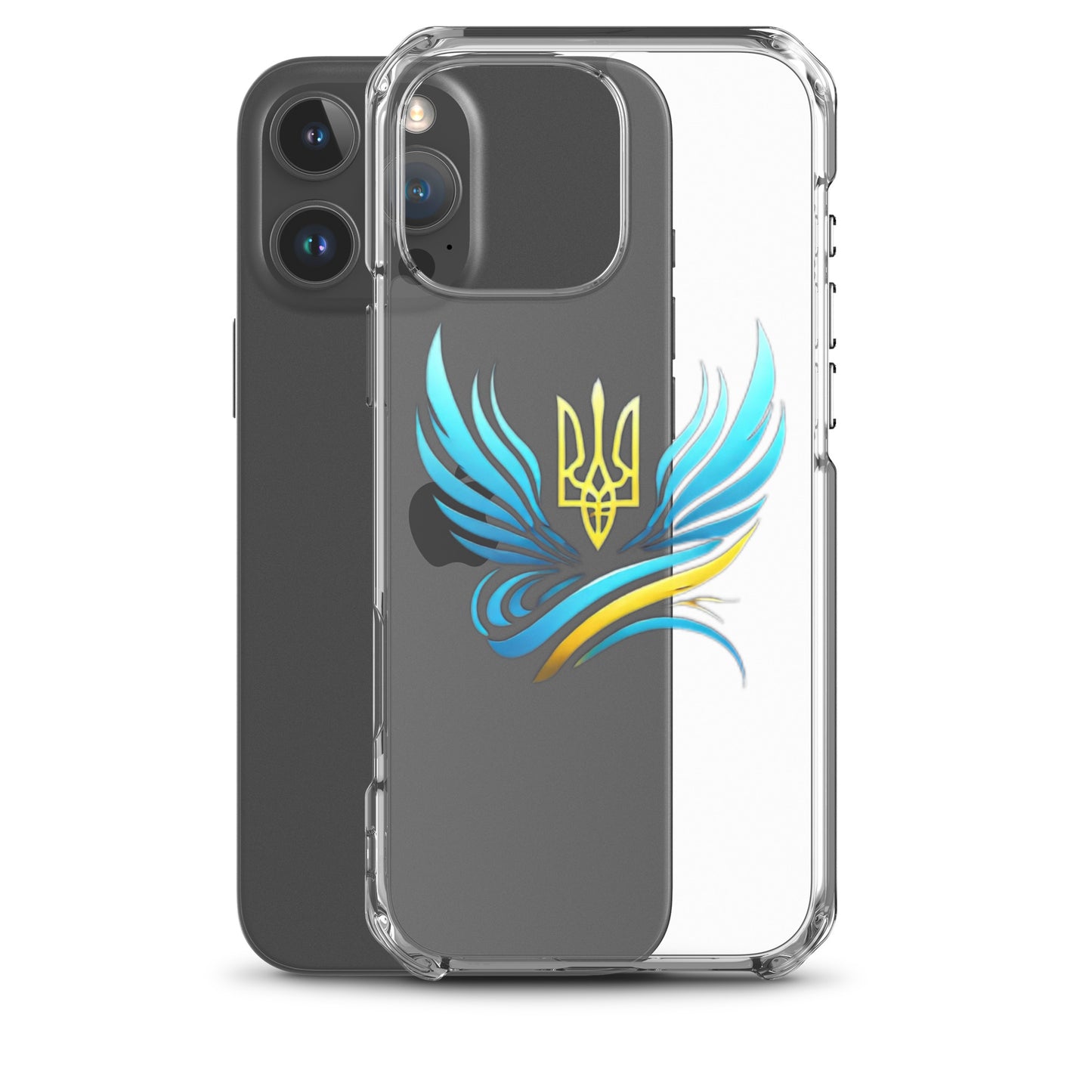 Clear iPhone case with Ukrainian Tryzub emblem showcasing blue and yellow design, offering protection while displaying national pride.