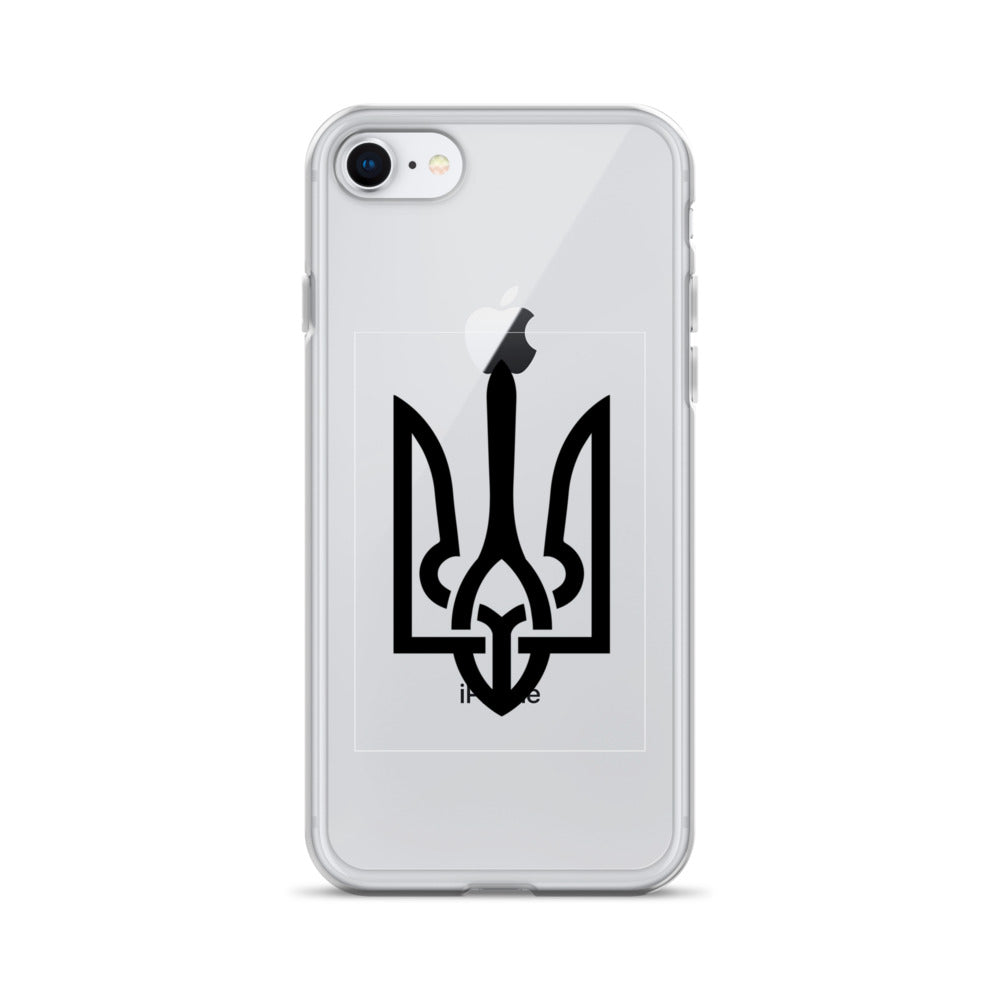Clear iPhone case featuring Ukrainian Tryzub symbol, offering protection and style while showing Ukrainian pride.