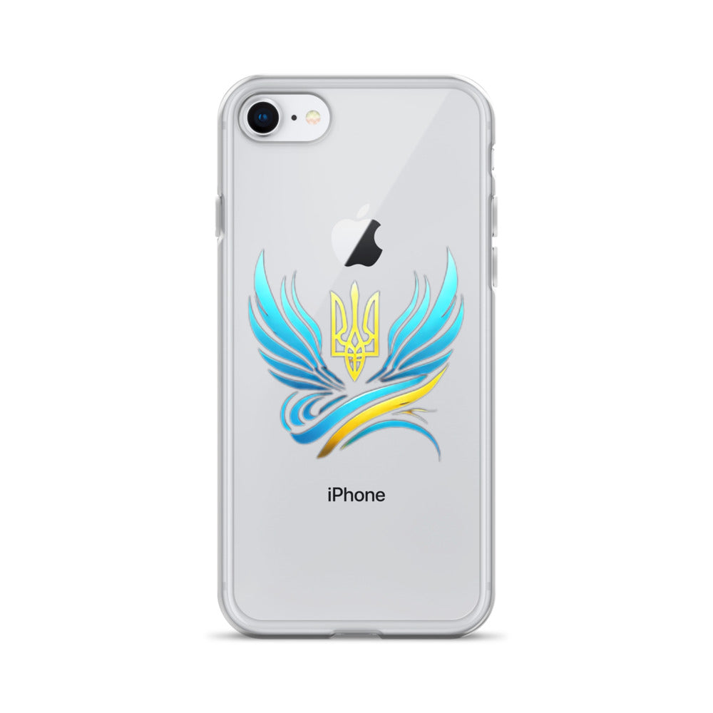Clear iPhone case with Ukrainian Tryzub emblem showing blue and yellow design, flexible sides, and durable protection.
