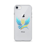 Clear iPhone case with Ukrainian Tryzub emblem showing blue and yellow design, flexible sides, and durable protection.