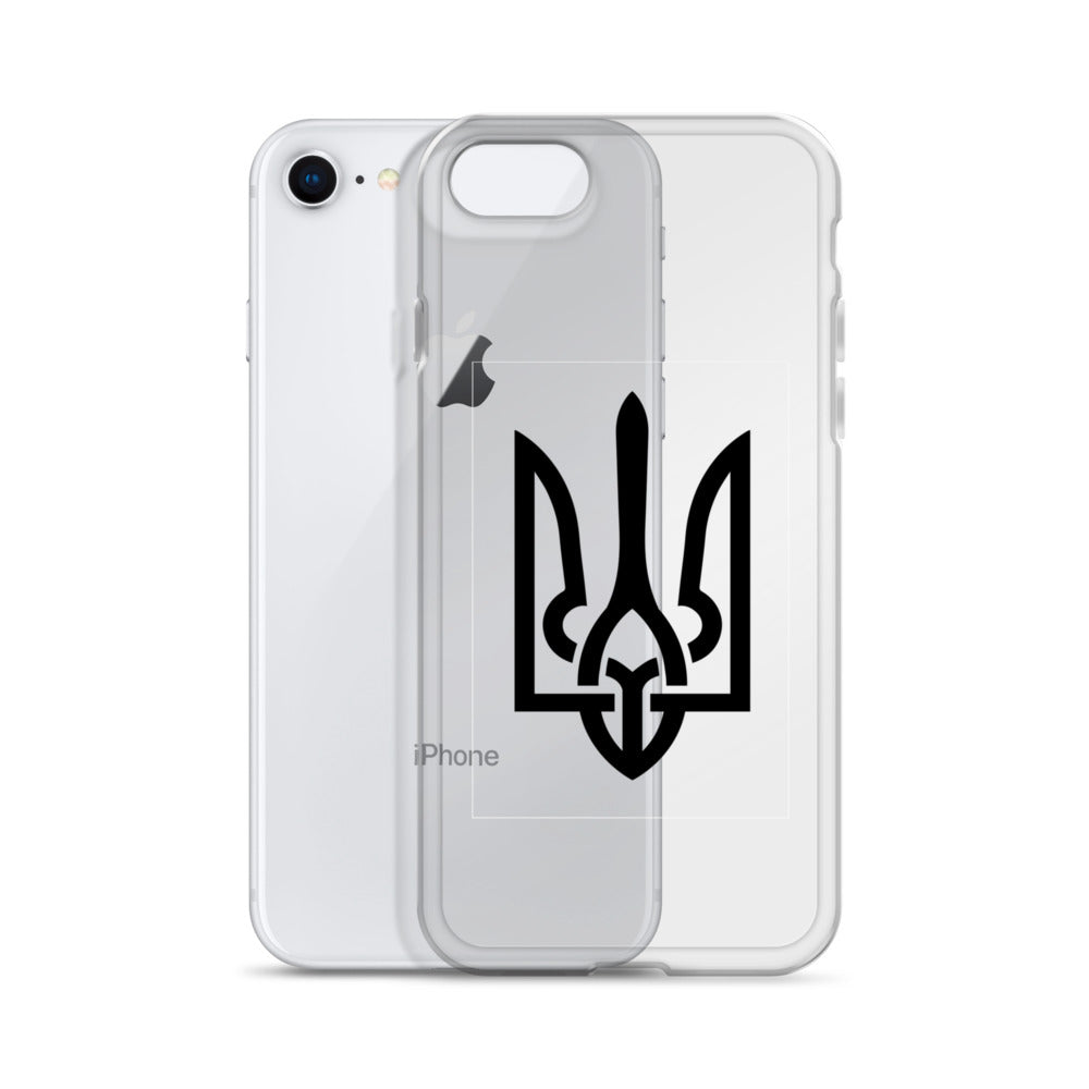 Clear iPhone case with Ukrainian Tryzub symbol, showing phone design and providing protection from scratches and impacts.