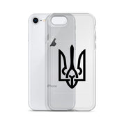 Clear iPhone case with Ukrainian Tryzub symbol, showing phone design and providing protection from scratches and impacts.