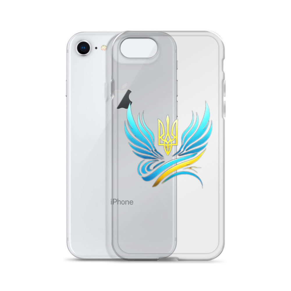 Clear iPhone case with Ukrainian Tryzub emblem, showing blue and yellow design, offering protection and showcasing national pride.