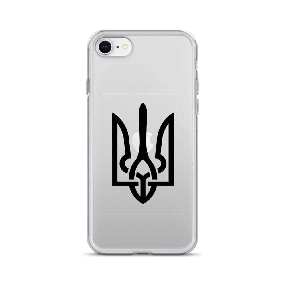 Clear iPhone case with Ukrainian Tryzub design for protection and style, showcasing national pride while allowing original color visibility.