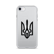 Clear iPhone case with Ukrainian Tryzub design for protection and style, showcasing national pride while allowing original color visibility.