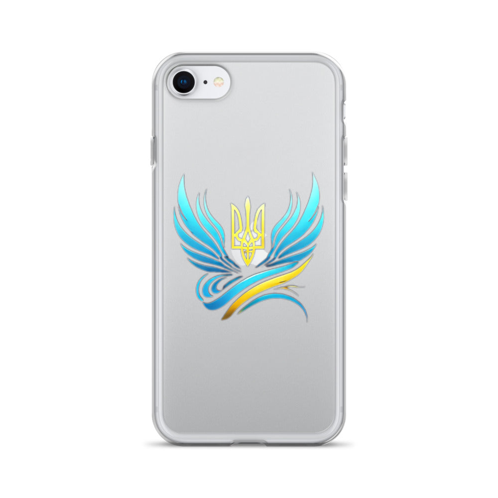 Clear iPhone case with Ukrainian Tryzub emblem, flexible sides, and precise cutouts for easy access and protection against scratches.