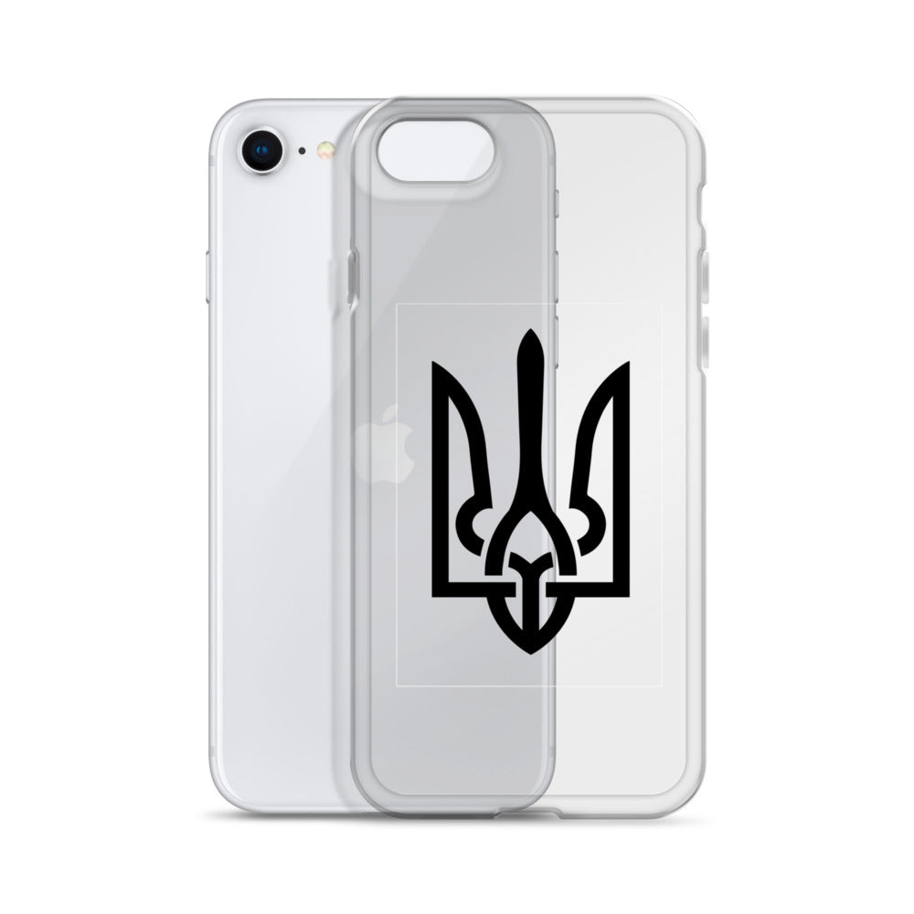 Clear iPhone case with Ukrainian Tryzub symbol, offering style and protection while showcasing the phone's original color.
