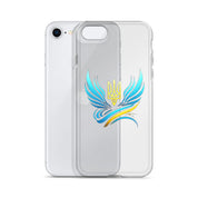 Clear iPhone® case with Ukrainian Tryzub emblem, showcasing national pride, scratch-resistant protection, and flexible design.