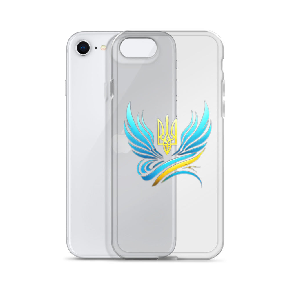 Clear iPhone® case with Ukrainian Tryzub emblem, showcasing national pride, scratch-resistant protection, and flexible design.