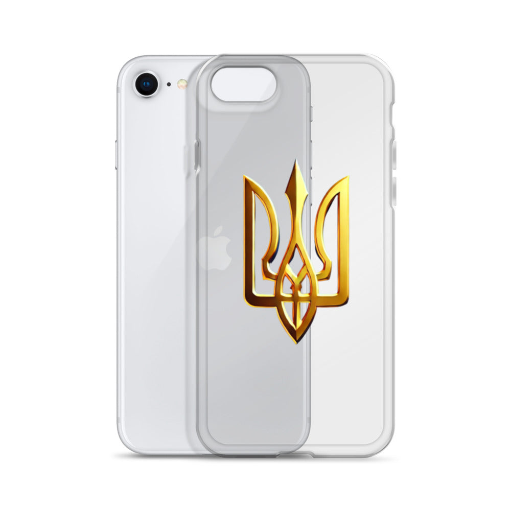 Clear iPhone case with gold Ukrainian Tryzub emblem, showcasing phone's color while offering protection against scratches and dust.