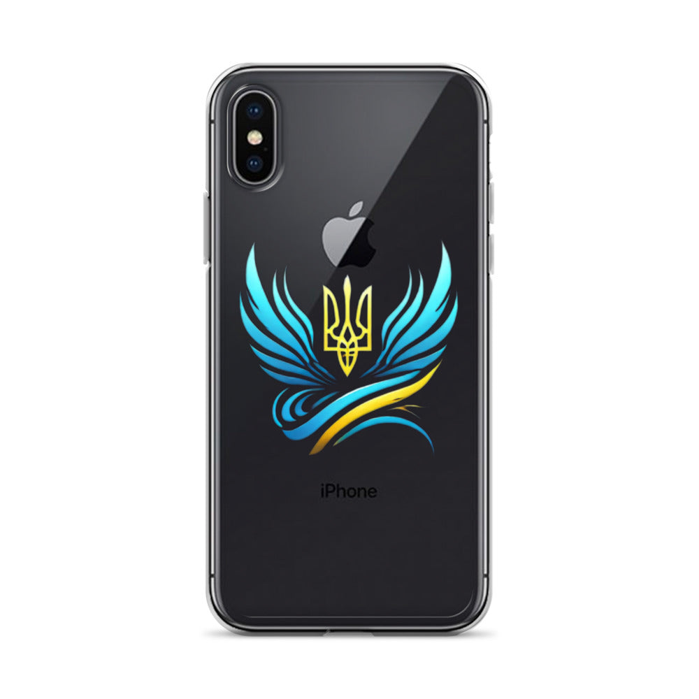 Clear iPhone case with Ukrainian Tryzub emblem, showcasing phone color through protective, stylish design.