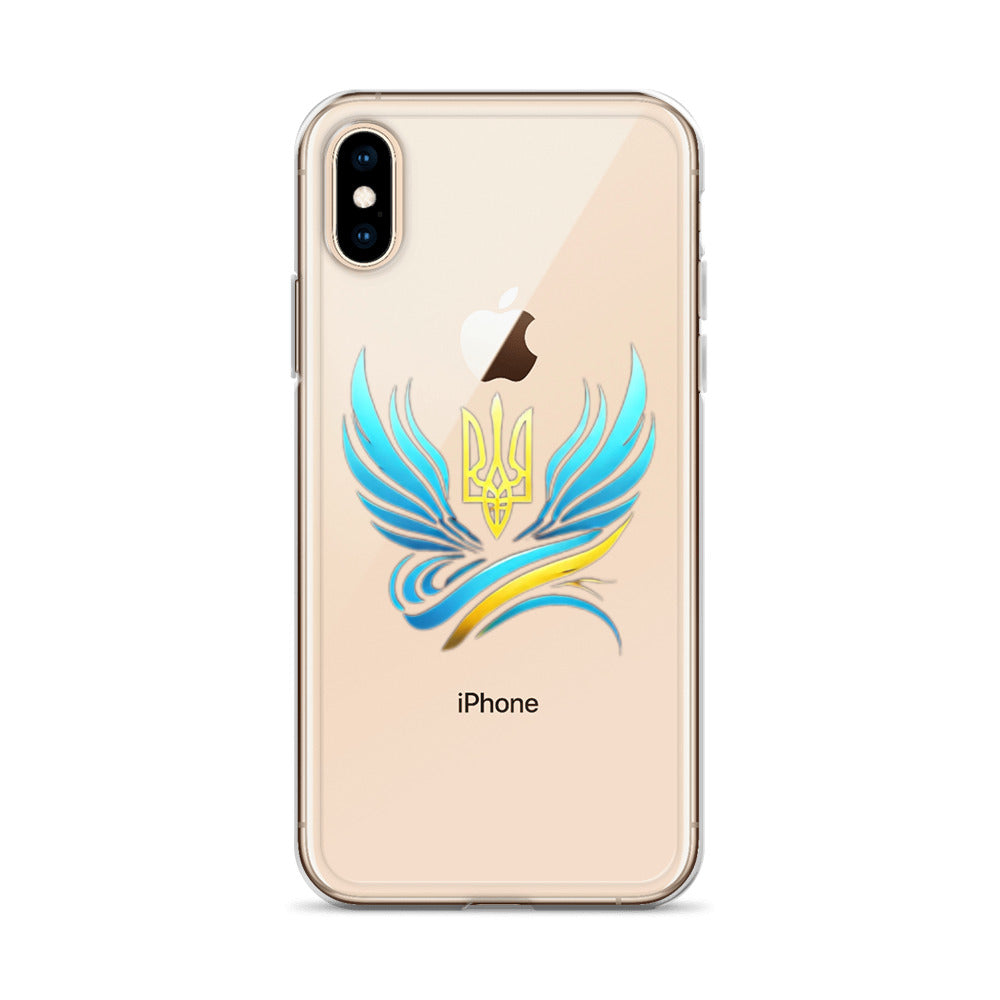 Clear iPhone case featuring Ukrainian Tryzub emblem, showcasing blue and gold design. Transparent protective cover for iPhone.