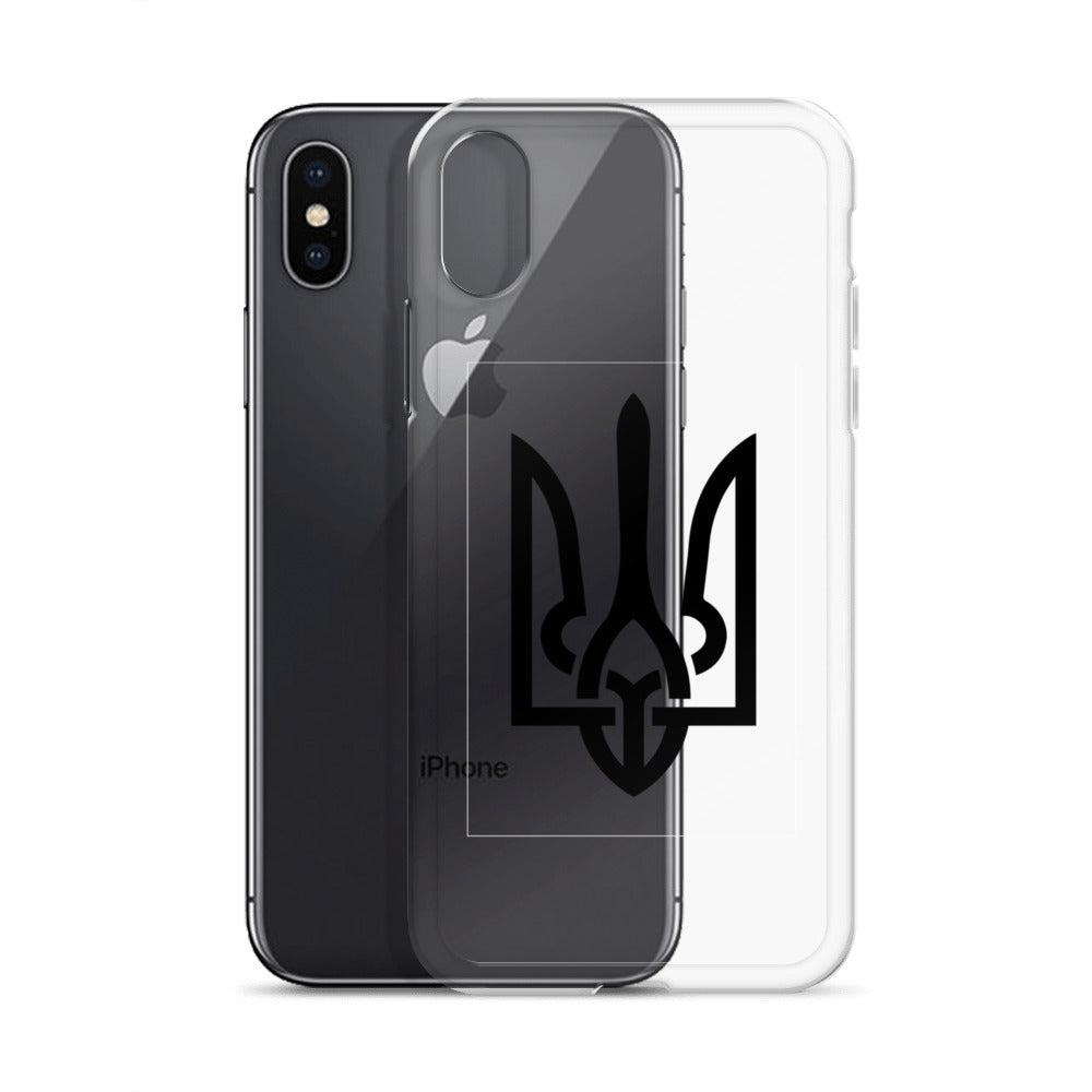 Clear iPhone case with Ukrainian Tryzub symbol, showcasing sleek design and protective features.